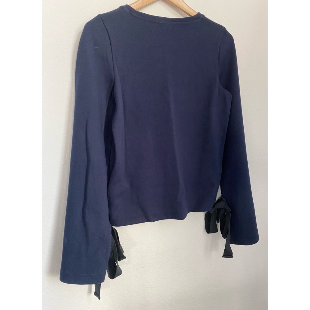 J. Crew • Navy Blue Tie Bell Shaped Long Sleeve Knit Blouse Top - Picture 11 of 16